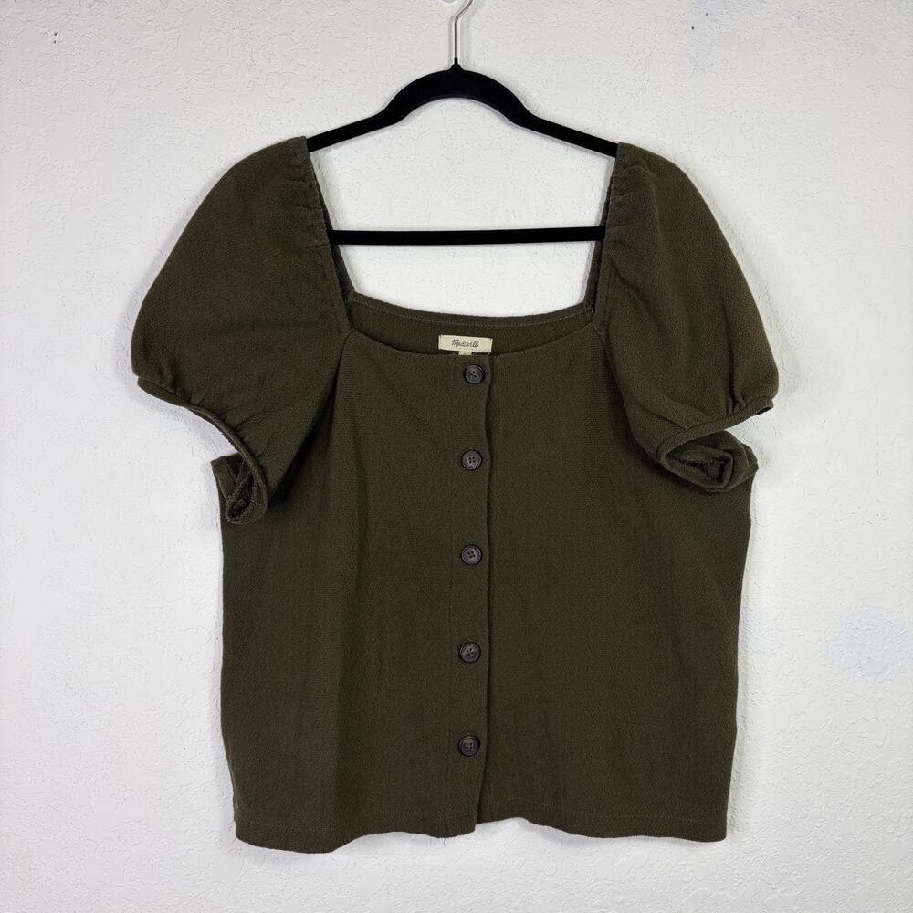Madewell Jacquard square-neck puff sleeve top Green Size L, button front, casual - Picture 2 of 8